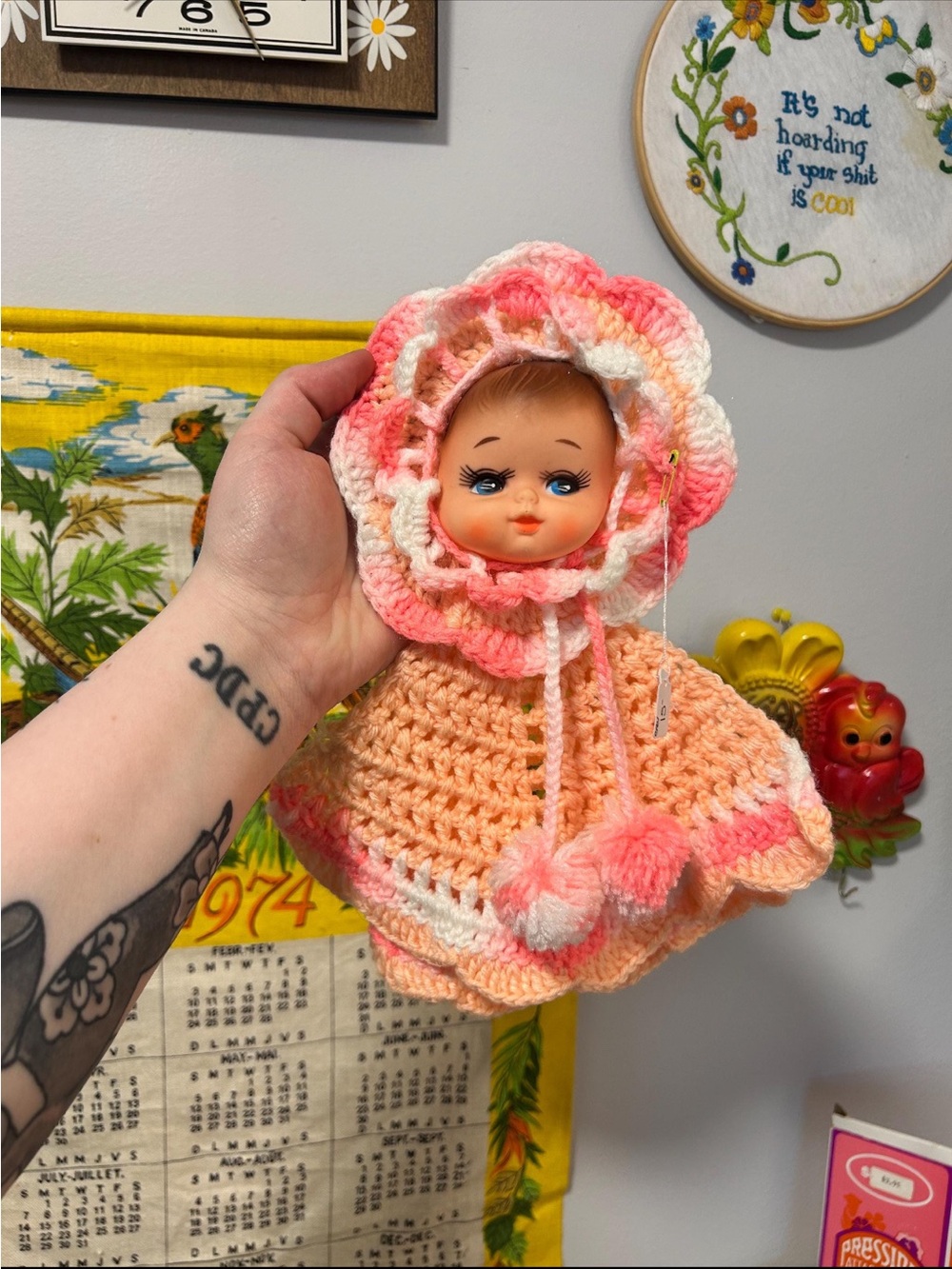 Vintage Handmade Pink Peach Crocheted Doll Pot Holder